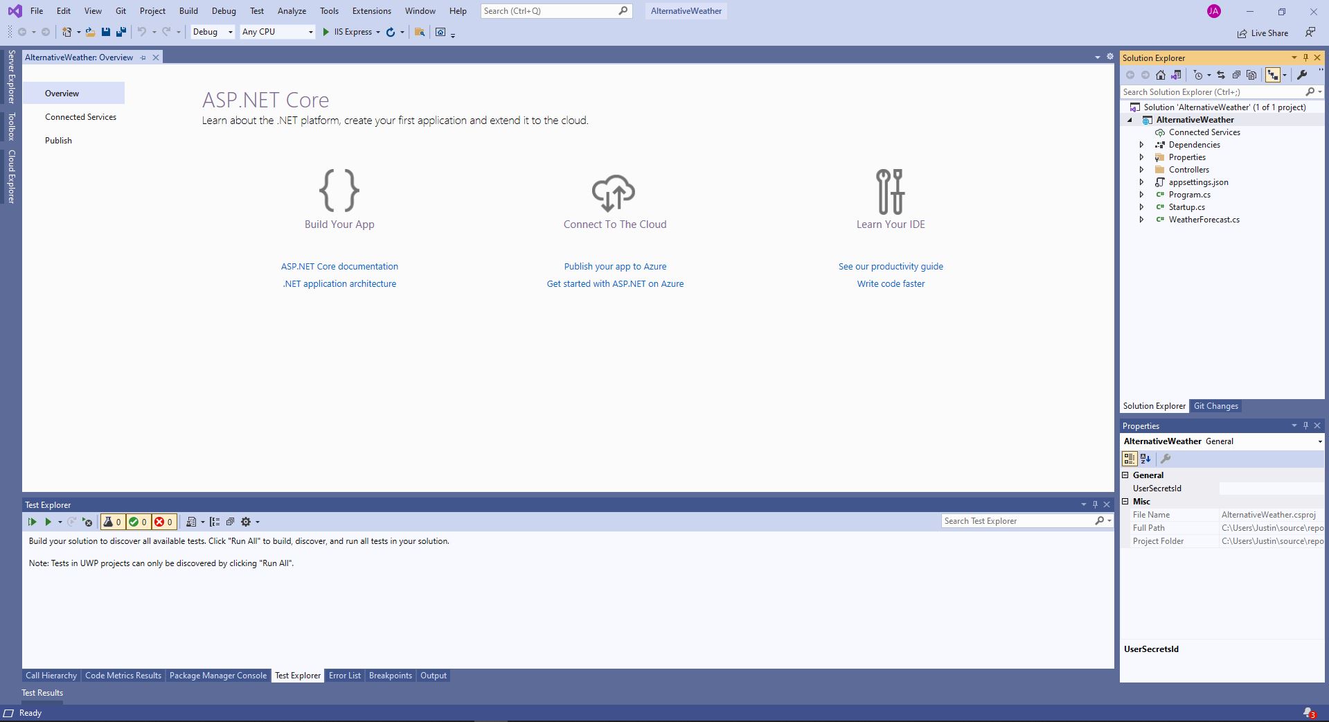 Visual Studio with Alternative Weather: Overview tab opened.