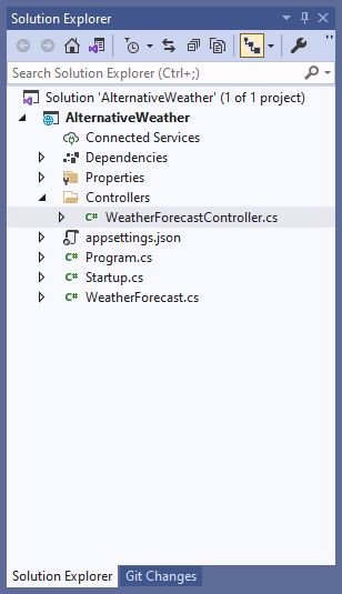 Visual Studio's Solution Explorer panel with the Controllers folder expanded and WEatherForecastController.cs highlighted.