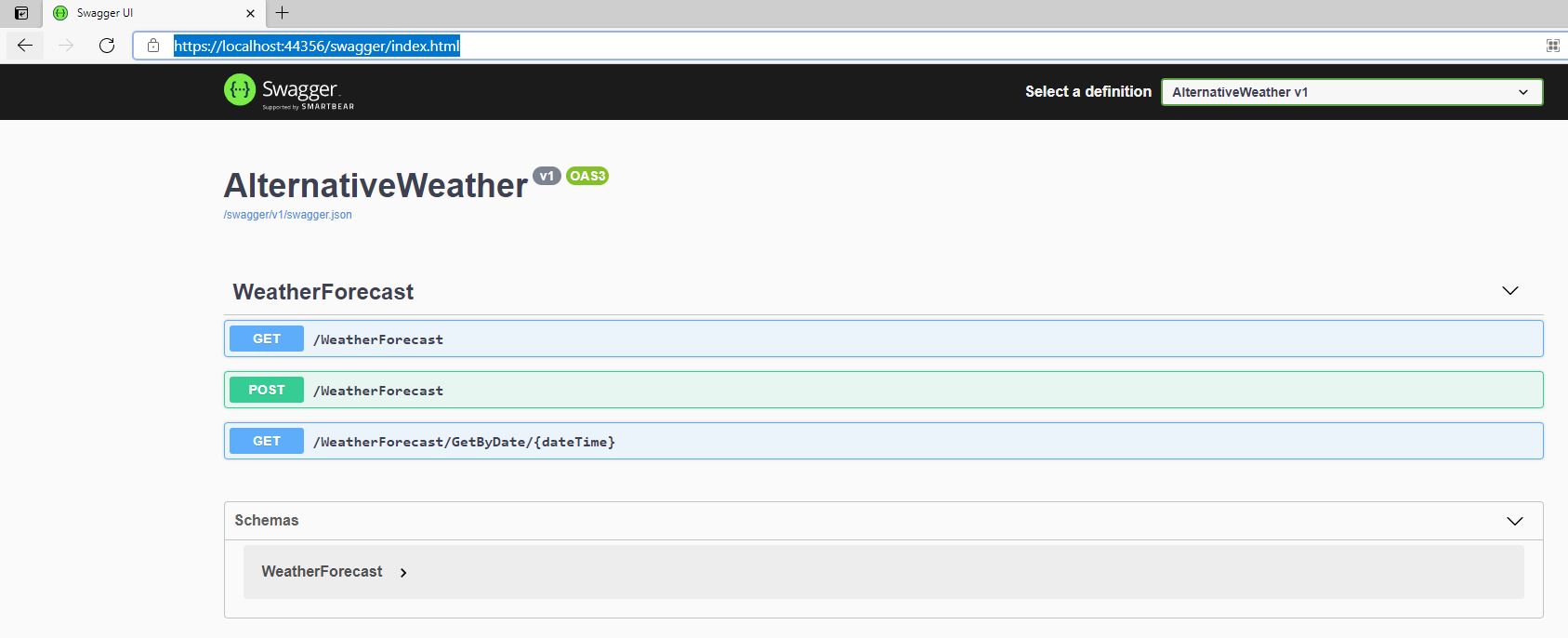 A browser with a local host URL with swagger and index.html appended with the content being the Swagger definition of the AlternativeWeather application's GET, POST and GET endpoints.