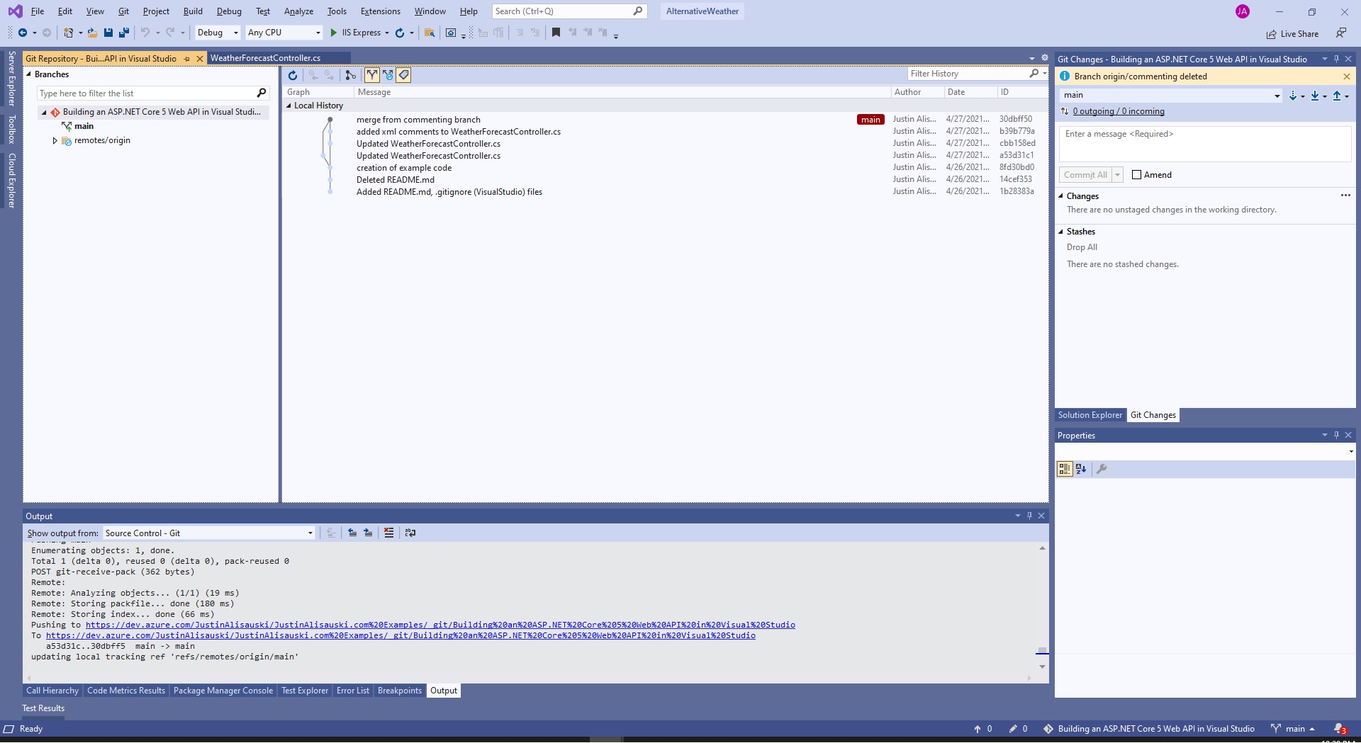 Visual Studio's Git Repository window displaying branches with the main branches history..