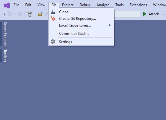 Visual Studio with Git menu drop down open.