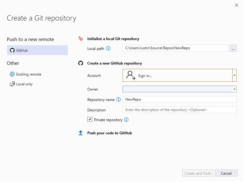 Visual Studio's Create a Git repository window.