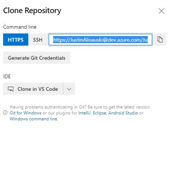 Microsoft Edge showing the dev.azure.com website with Azure Repos open and clone repository window displayed.