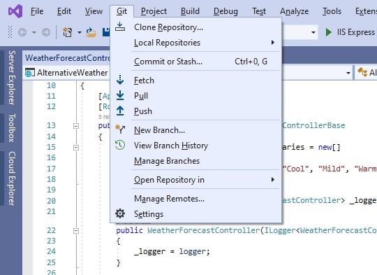 Visual Studio with Git menu drop down open.