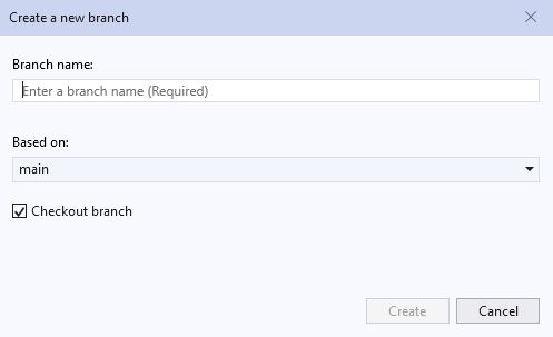 Visual Studio's Create a new branch window.