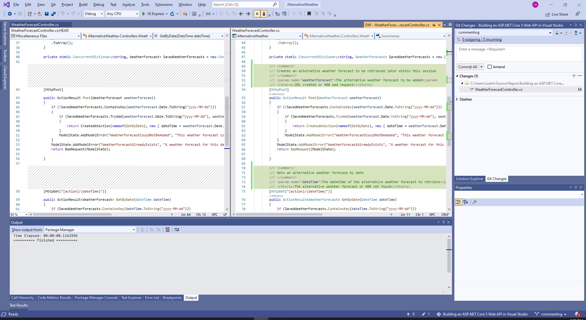 Visual Studio with Diff window open.