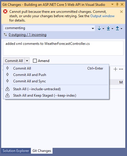 Visual Studio's Git Changes panel with Commit All drop down open.