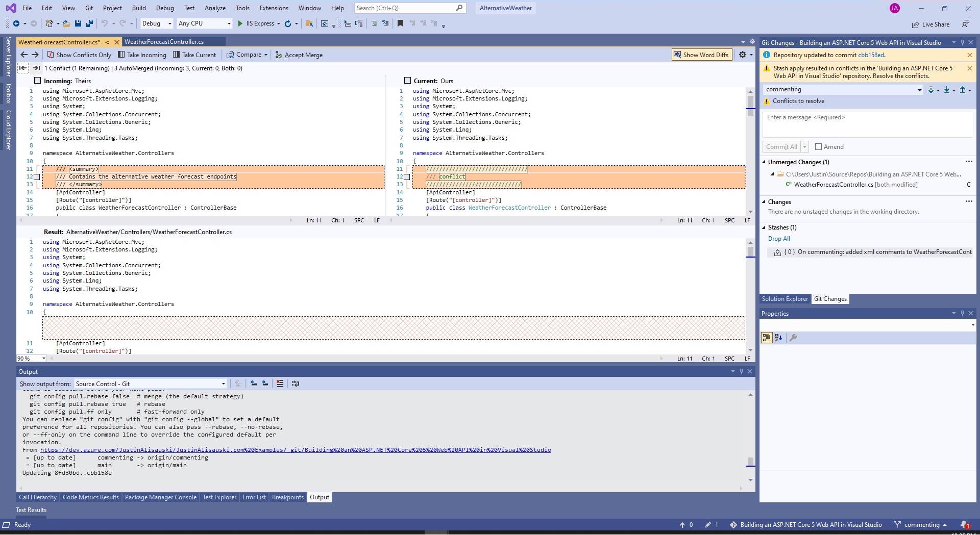 Visual Studio's three panel resolve conflict window open.